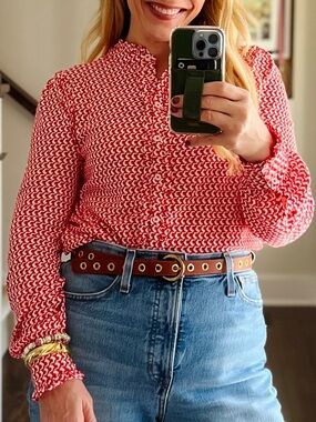 Boden Caroline Jersey Shirt in Flame Scarlet with an Arc Geo print size 8